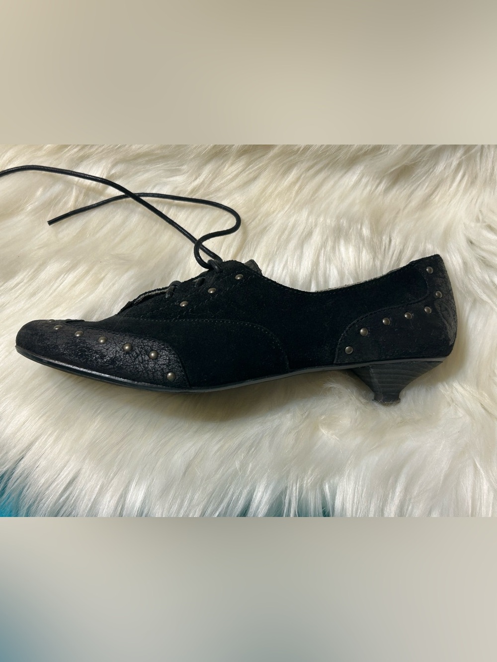 London Underground Black Distressed Suede Studded Oxford Lace-Up Kitten Heels